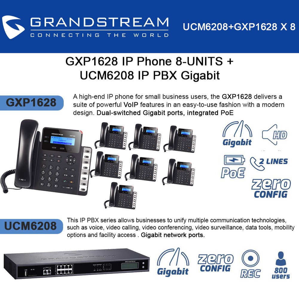 Grandstream GXP1628 IP Phone 8 UNITS With UCM6208 8 Port IP PBX Gigabit