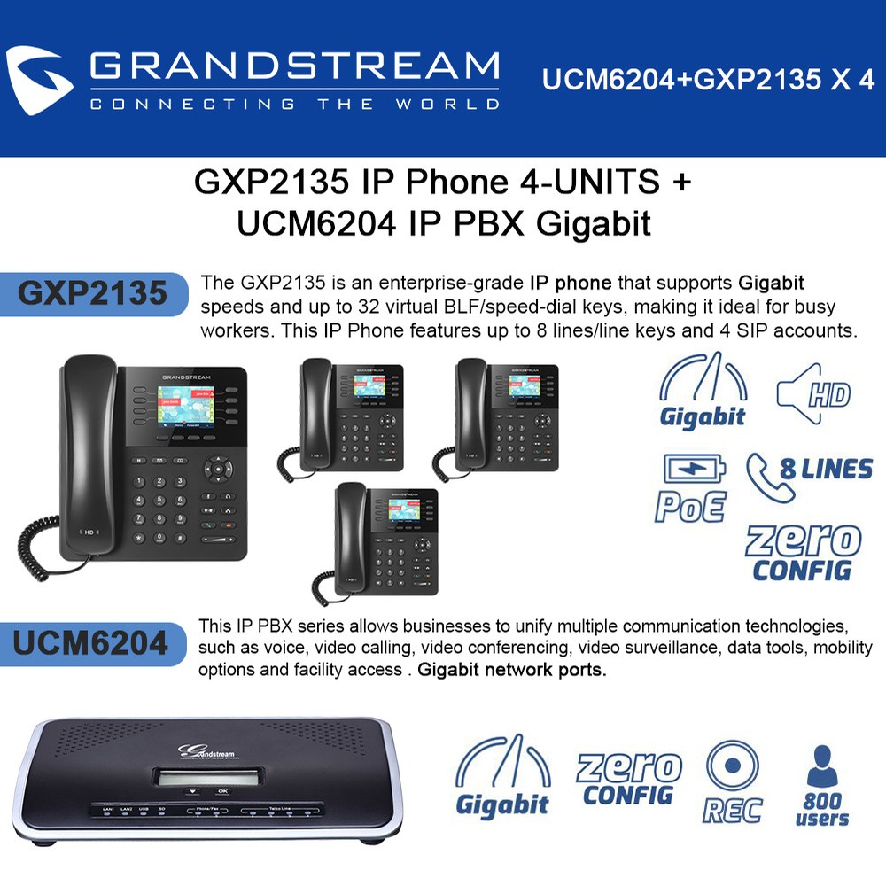 Grandstream Gxp2135 Ip Phone 4 Units With Ucm6204 4 Port Ip Pbx Gigabit