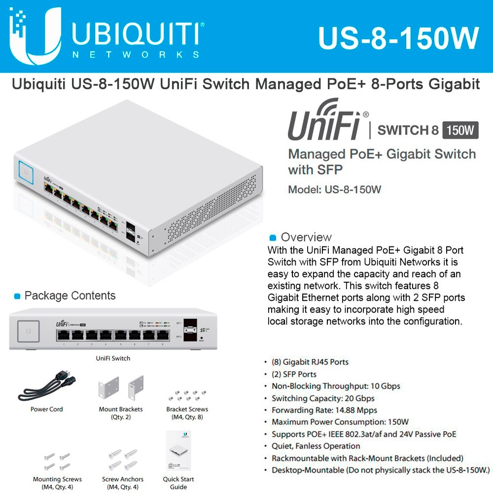 Ubiquiti US-8-150W-US Managed PoE+ Gigabit Switch with SFP