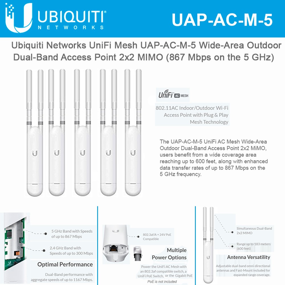 Ubiquiti Networks Mesh UAP-AC-M-5 Wide-Area Outdoor Dual-Band Access Point 2x2 MIMO 867 Mbps