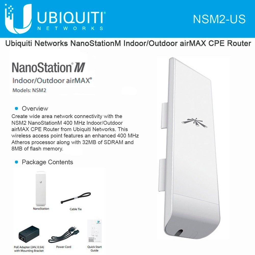 Ubiquiti NanoStation NSM2 US 2.4GHz 2x2 MIMO Indoor/Outdoor- US VERSION