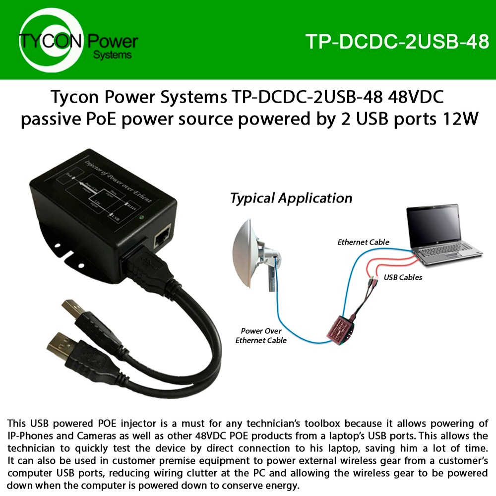 TP-DCDC-2USB-48 | Dual USB Input, 48V Passive PoE Output, 12W