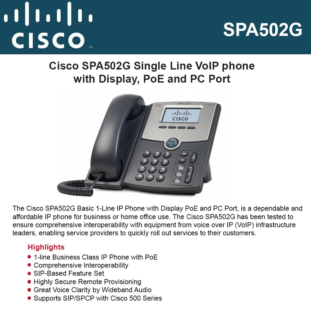 Cisco SPA502G Single Line VoIP phone PoE Voip LCD Display 2port Switch