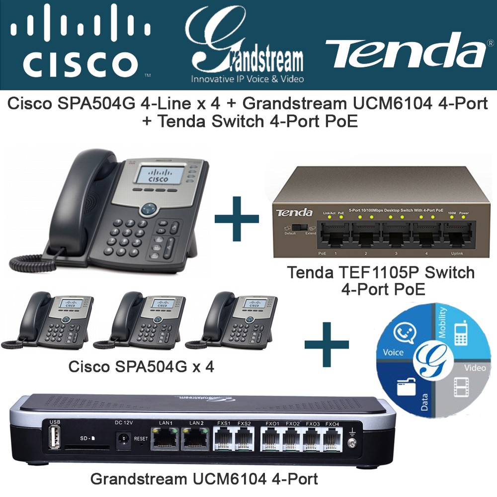 Cisco Spa504g 4 Line X 4 Grandstream Ucm6104 4 Port Ippbx Switch 4 Port Poe