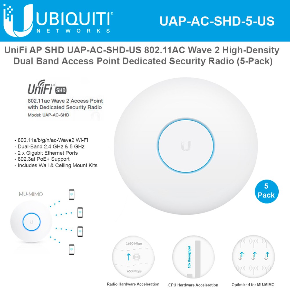 Ubiquiti Networks UniFi SHD UAP-AC-SHD-US (5-Pack) 802.11AC Wave 2 High-Density Access Point with Dedicated Security Radio
