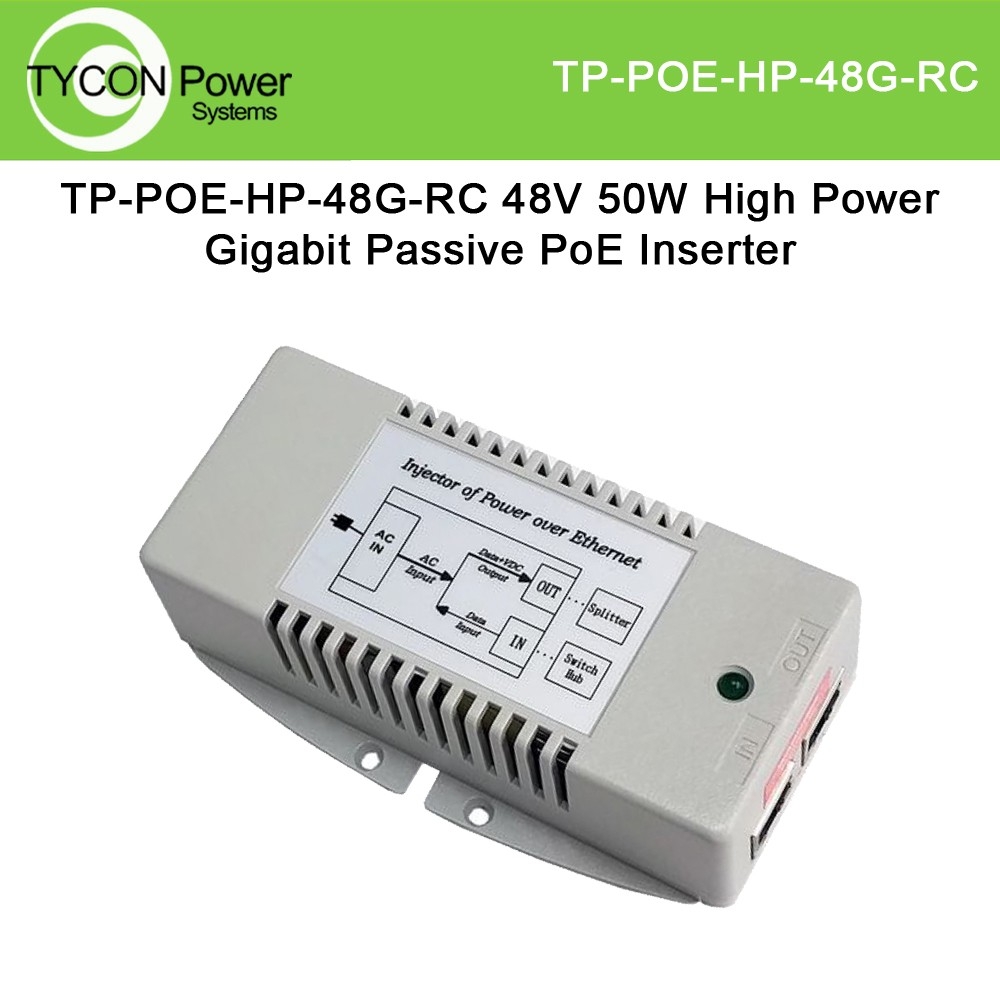 Tycon Power TP-POE-HP-48G-RC  100-240VAC Input, 48V Gigabit Passive PoE  Injector, 50W, with US Power Cord